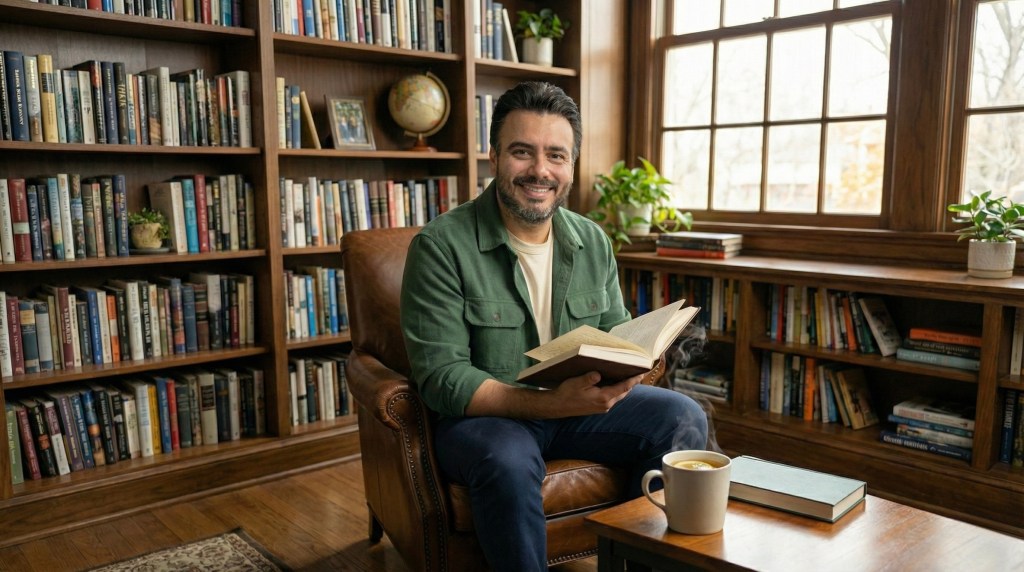 Hombre sonriendo sentado en un sillón con un libro en las manos, frente a una estantería llena de libros y con una taza de café sobre la mesa.